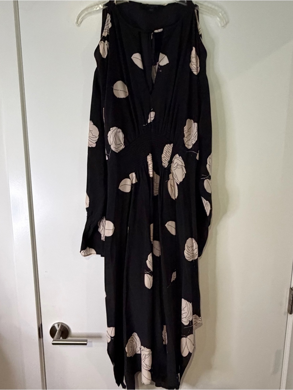 Allsaints Silk Open Shoulder Long Sleeve Black Floral Maxi Dress Size Large